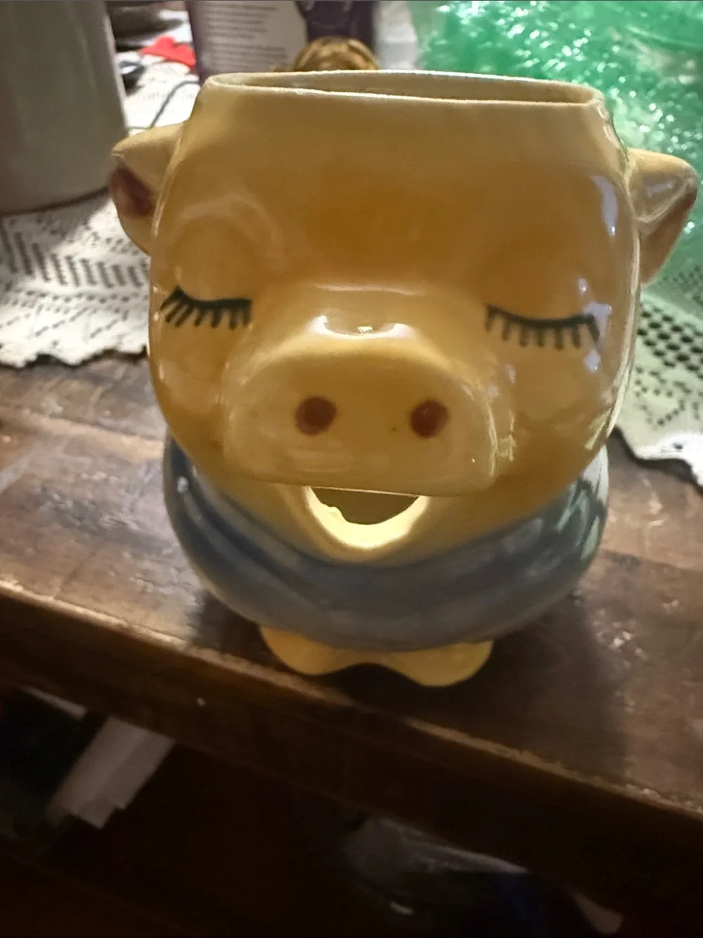 Shawnee USA Yellow Ceramic Pig Creamer with Blue Collar Accent - Home Accents